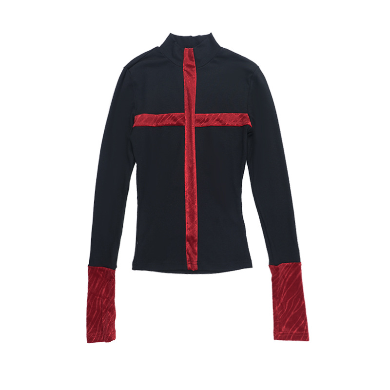 Dark Gothic Black Red Contrast Knit Top - Velvet Cross Slim Long Sleeve T-Shirt